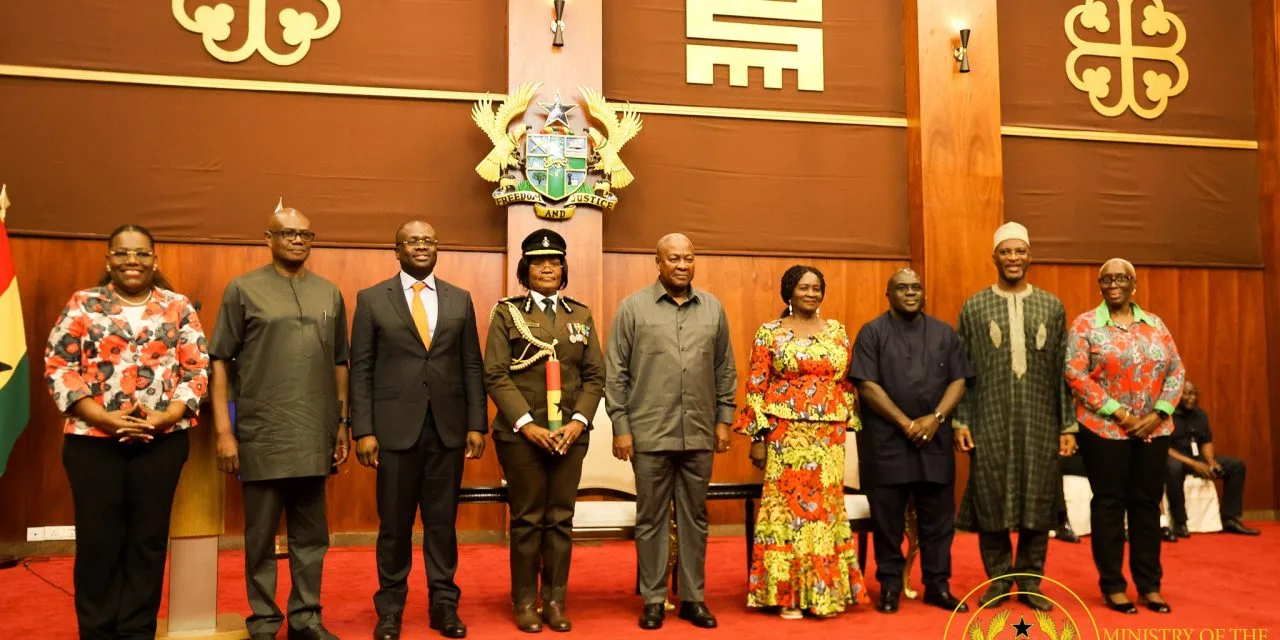 • President Mahama (middle) and DGP 3 Mrs Patience Baffoe-Bonnie (fourth from left). With them include the Vice President, Professor Naana Jane Opoku-Agyemang (fourth from right)
