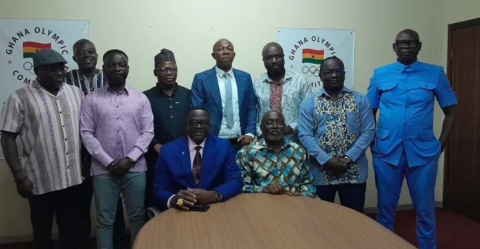 • Mr Akpokavie and Nunoo Mensah (seated right to left) with new and old executive members of the GOC